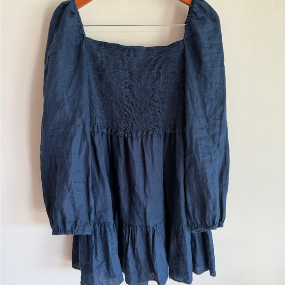 Quince European Linen Smocked Mini Dress Navy Blue Long Puff Sleeve Tiered L - Picture 3 of 6